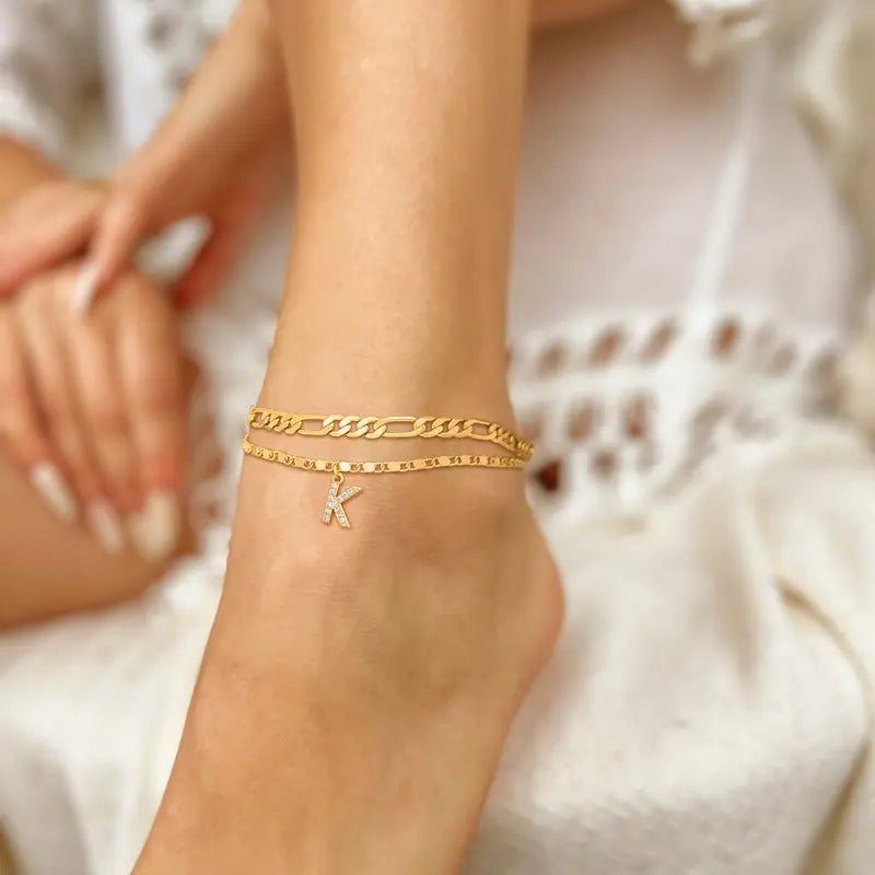 Letter Layered Ankle Bracelets for Women Dainty Chain Initial Pendant Anklets Set Hypoallergenic A-Z Gifts for Girls Trendy Adjustable Size Waterproof Costume Accessories
