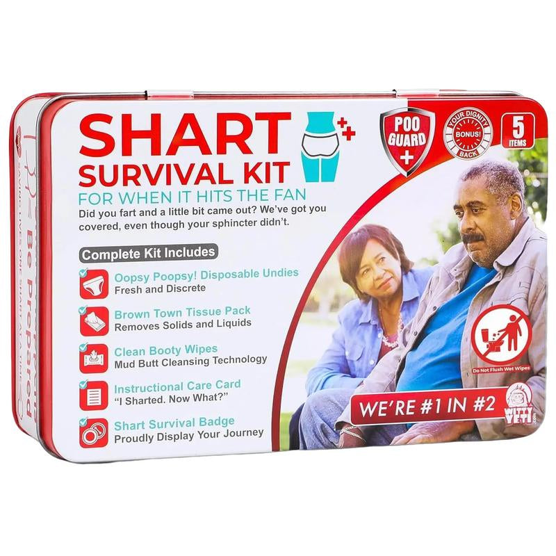 Funny Shart Survival Kit by Witty Yeti. Ultimate Poop Prank Gag Gift Set Contains Wet Wipes, Disposable Underwear, Tissues and Hilarious Badge. Novelty Fart Potty Pack Great for Friends or Family
