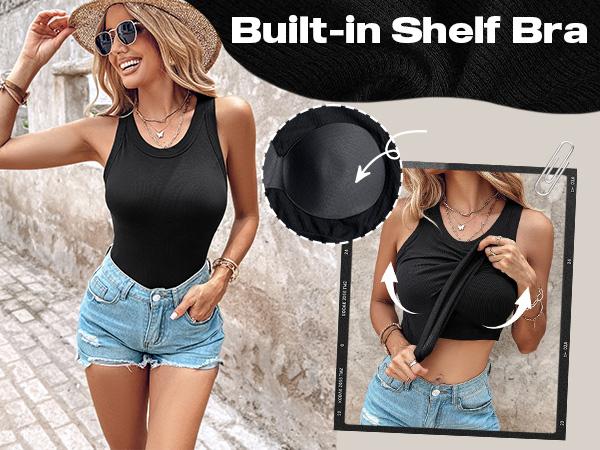 Built-in Bra Tank Top Ribbed Racerback Tops Women Going Out Tops Everyday Basic Tanks Padded Tops
