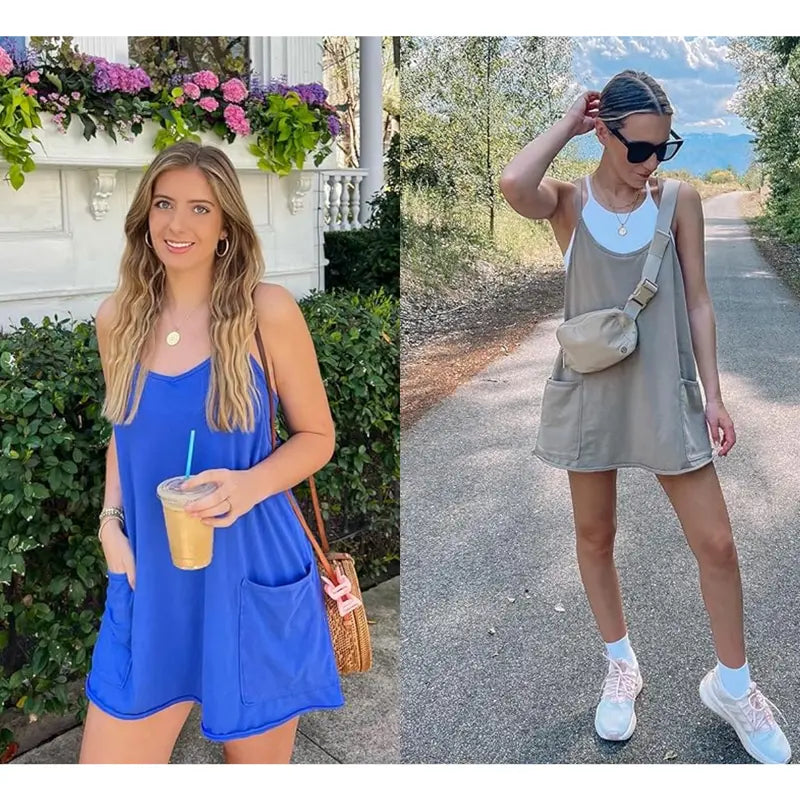 Women's Summer Sleeveless Mini Dress with Built-in Shorts V Neck Spaghetti Straps Athletic Shorts Tennis Dress with Pockets
