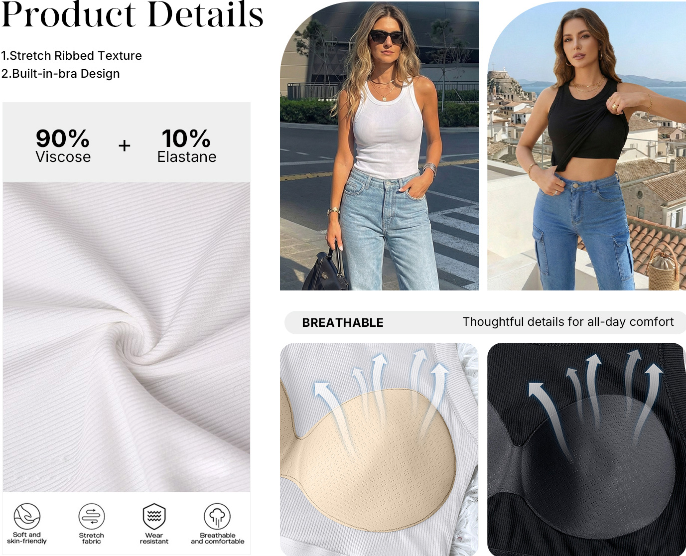 Built-in Bra Tank Top Ribbed Racerback Tops Women Going Out Tops Everyday Basic Tanks Padded Tops