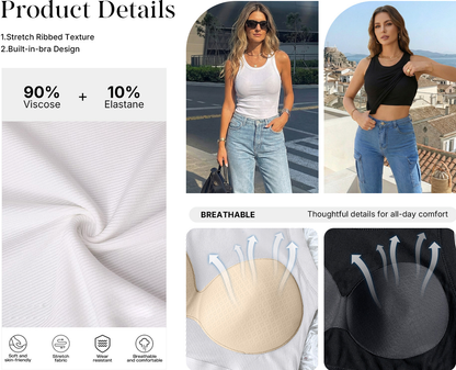 Built-in Bra Tank Top Ribbed Racerback Tops Women Going Out Tops Everyday Basic Tanks Padded Tops