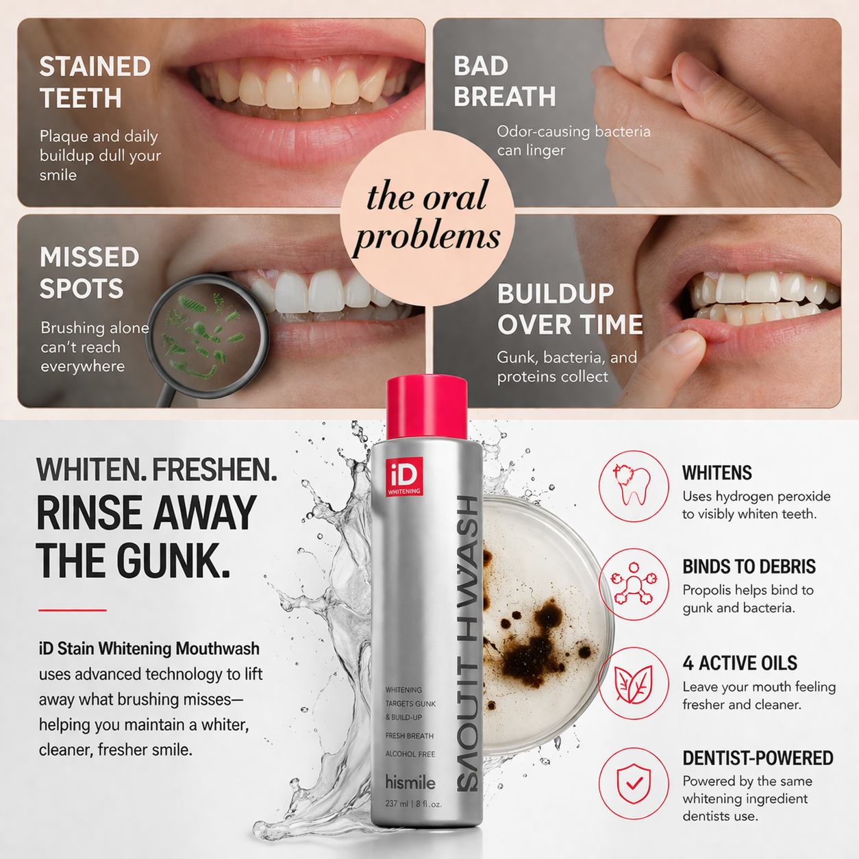 iD Stain Whitening Mouthwash for White Teeth, Freshens Breath with Essential Oils 237ml