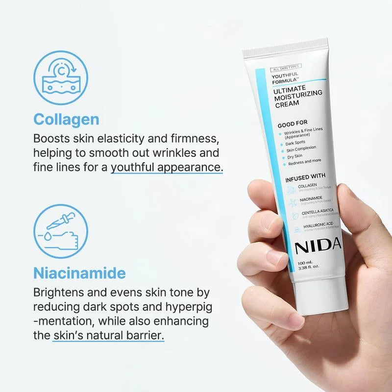 NIDA Youthful Formula Ultimate Moisturizing Cream (100mL) / Collagen, Niacinamide, Centella Asiatica, Hyaluronic Acid / Wrinkles, Dark Spots, Skincare