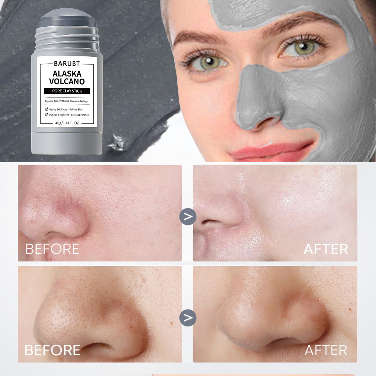 Alaska Volcano Pore Clay Stick Cleansing Blackhead Remover Face Mask Stick with Natural Clay Gentle Exfoliating Smoothing Skin Non-Drying Skincare