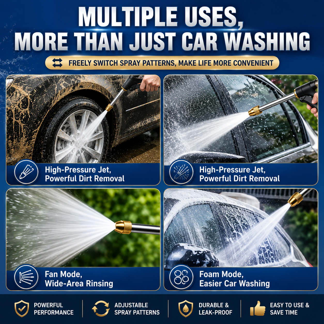 Heavy Duty Metal Garden Hose Nozzle – High Pressure Water Sprayer with 3 Spray Modes, Leakproof Hose Gun for Car Wash, Pet Bathing, Patio & Garden Watering | Summer Essentials