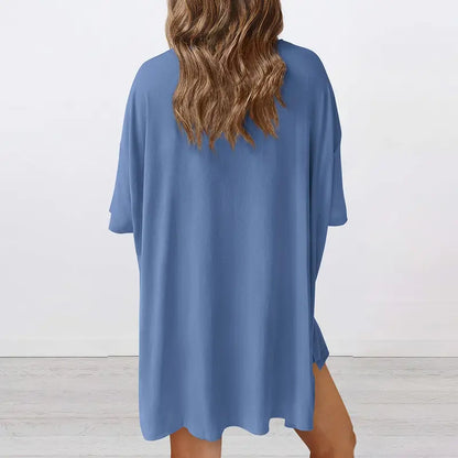 Crewneck Two-Piece Set For Women Summer Casual Oversized Split Hem Shirts & Side Pocket Biker Shorts Minimalist Lounge Wear Soft Viscose Fabric Comfy Homewear Cozy Pjs