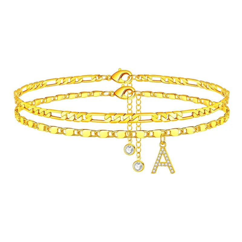 Letter Layered Ankle Bracelets for Women Dainty Chain Initial Pendant Anklets Set Hypoallergenic A-Z Gifts for Girls Trendy Adjustable Size Waterproof Costume Accessories