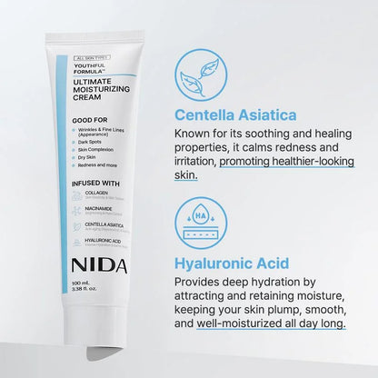 NIDA Youthful Formula Ultimate Moisturizing Cream (100mL) / Collagen, Niacinamide, Centella Asiatica, Hyaluronic Acid / Wrinkles, Dark Spots, Skincare