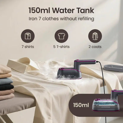2-in-1 Steam Iron & Clothes Steamer - Handheld Portable Garment Wrinkle Remover, Fast Heat-Up, Large Soleplate, 150ml Water Tank - Lightweight for Home, Travel