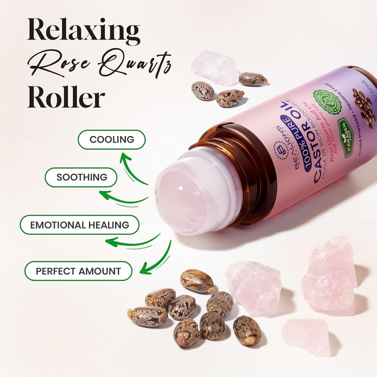 Castor Oil Roll On for Face: Castor Oil with Rose Quartz Roller for Massage - Deep Hydration Skin Moisturizer - Birthday Valentine Gifts for Women