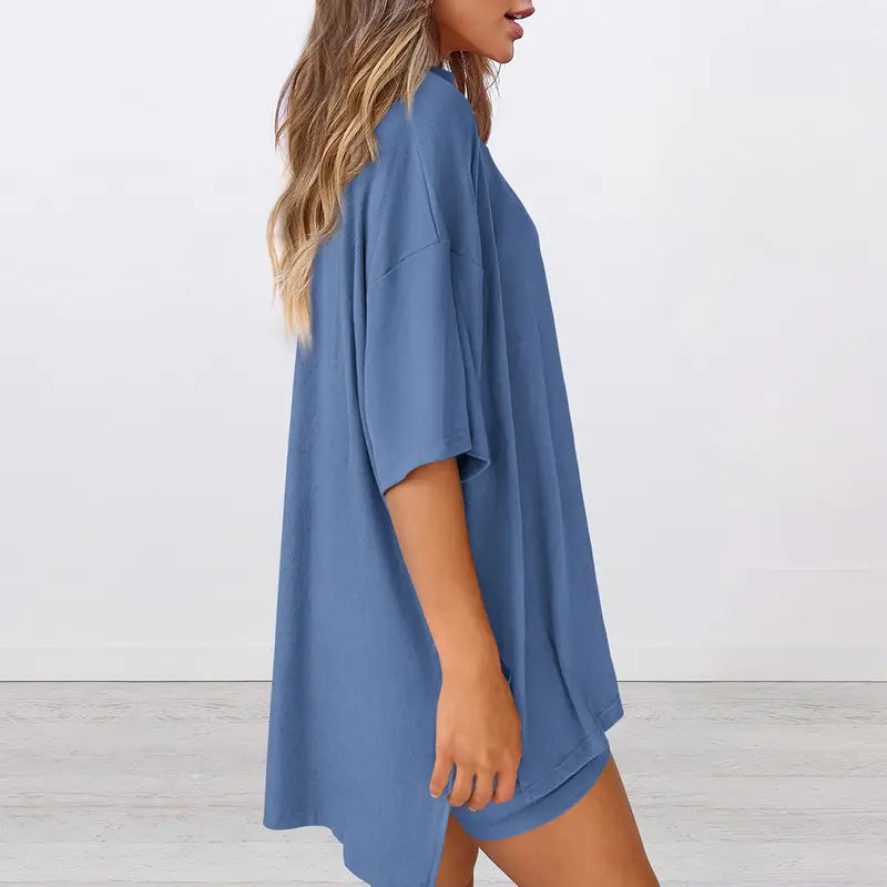 Crewneck Two-Piece Set For Women Summer Casual Oversized Split Hem Shirts & Side Pocket Biker Shorts Minimalist Lounge Wear Soft Viscose Fabric Comfy Homewear Cozy Pjs