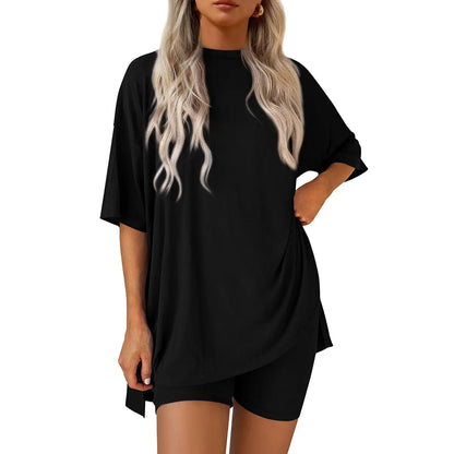 Crewneck Two-Piece Set For Women Summer Casual Oversized Split Hem Shirts & Side Pocket Biker Shorts Minimalist Lounge Wear Soft Viscose Fabric Comfy Homewear Cozy Pjs