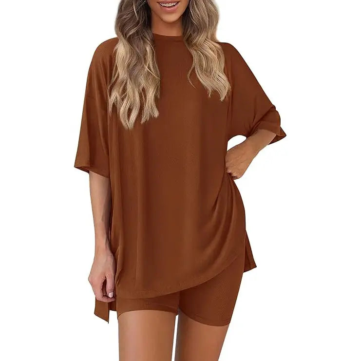 Crewneck Two-Piece Set For Women Summer Casual Oversized Split Hem Shirts & Side Pocket Biker Shorts Minimalist Lounge Wear Soft Viscose Fabric Comfy Homewear Cozy Pjs
