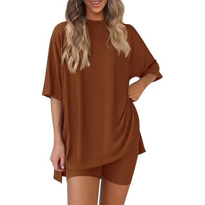 Crewneck Two-Piece Set For Women Summer Casual Oversized Split Hem Shirts & Side Pocket Biker Shorts Minimalist Lounge Wear Soft Viscose Fabric Comfy Homewear Cozy Pjs