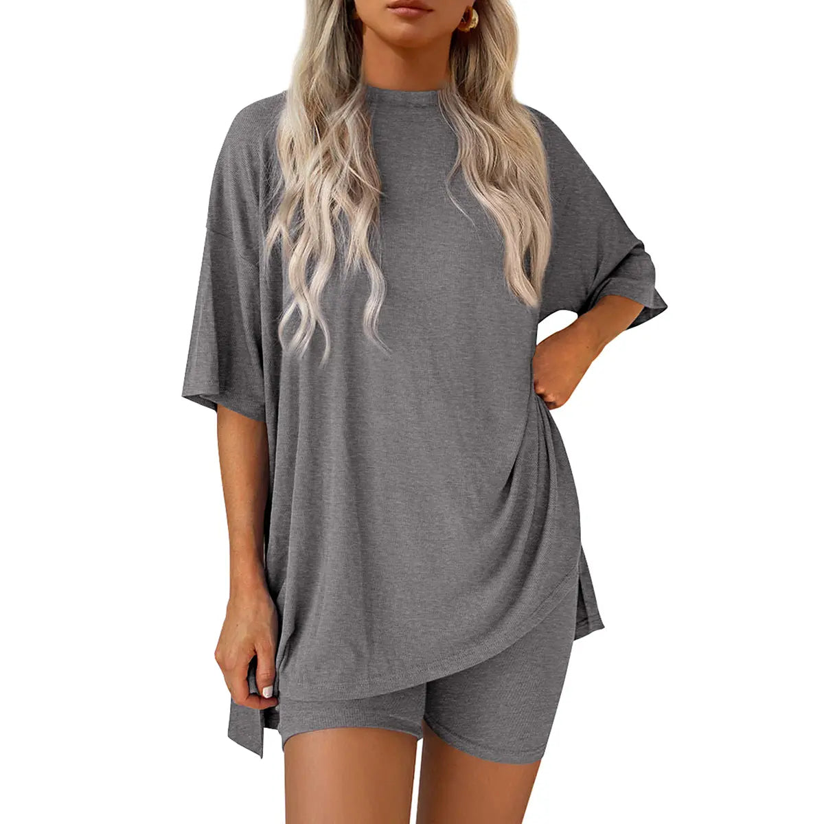 Crewneck Two-Piece Set For Women Summer Casual Oversized Split Hem Shirts & Side Pocket Biker Shorts Minimalist Lounge Wear Soft Viscose Fabric Comfy Homewear Cozy Pjs