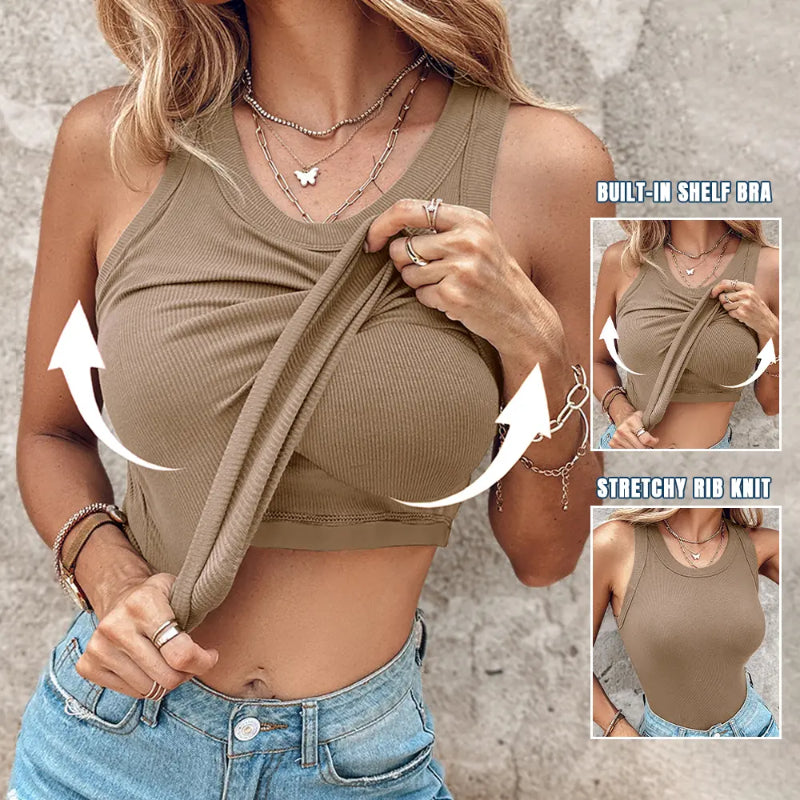 ChicMe Built-in Bra Tank Top Ribbed Racerback Tops Women Going Out Tops Everyday Basic Tanks Padded Tops