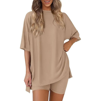 Crewneck Two-Piece Set For Women Summer Casual Oversized Split Hem Shirts & Side Pocket Biker Shorts Minimalist Lounge Wear Soft Viscose Fabric Comfy Homewear Cozy Pjs
