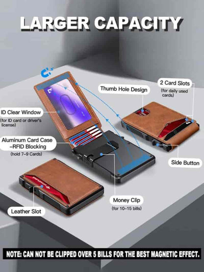 Minimalist Men’s Slim Wallet: 9 - 13 Cards, Money Clip, ID Window. RFID - Blocking, Aluminum Bifold Pop - Up
