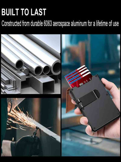Minimalist Men’s Slim Wallet: 9 - 13 Cards, Money Clip, ID Window. RFID - Blocking, Aluminum Bifold Pop - Up