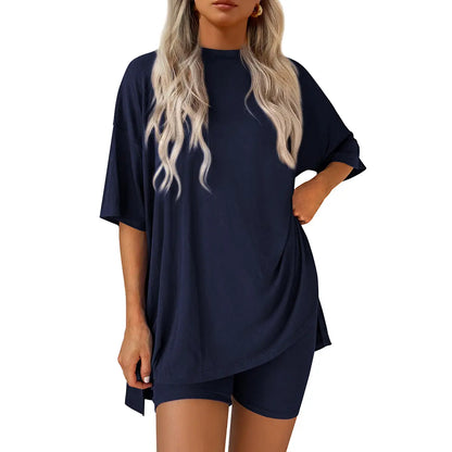 Crewneck Two-Piece Set For Women Summer Casual Oversized Split Hem Shirts & Side Pocket Biker Shorts Minimalist Lounge Wear Soft Viscose Fabric Comfy Homewear Cozy Pjs