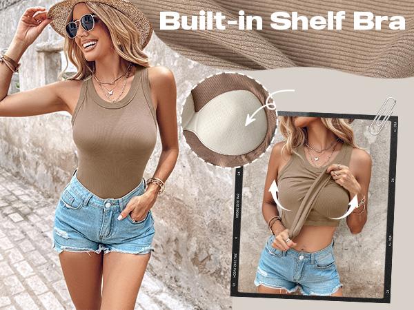 Built-in Bra Tank Top Ribbed Racerback Tops Women Going Out Tops Everyday Basic Tanks Padded Tops