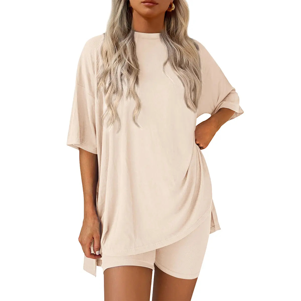 Crewneck Two-Piece Set For Women Summer Casual Oversized Split Hem Shirts & Side Pocket Biker Shorts Minimalist Lounge Wear Soft Viscose Fabric Comfy Homewear Cozy Pjs