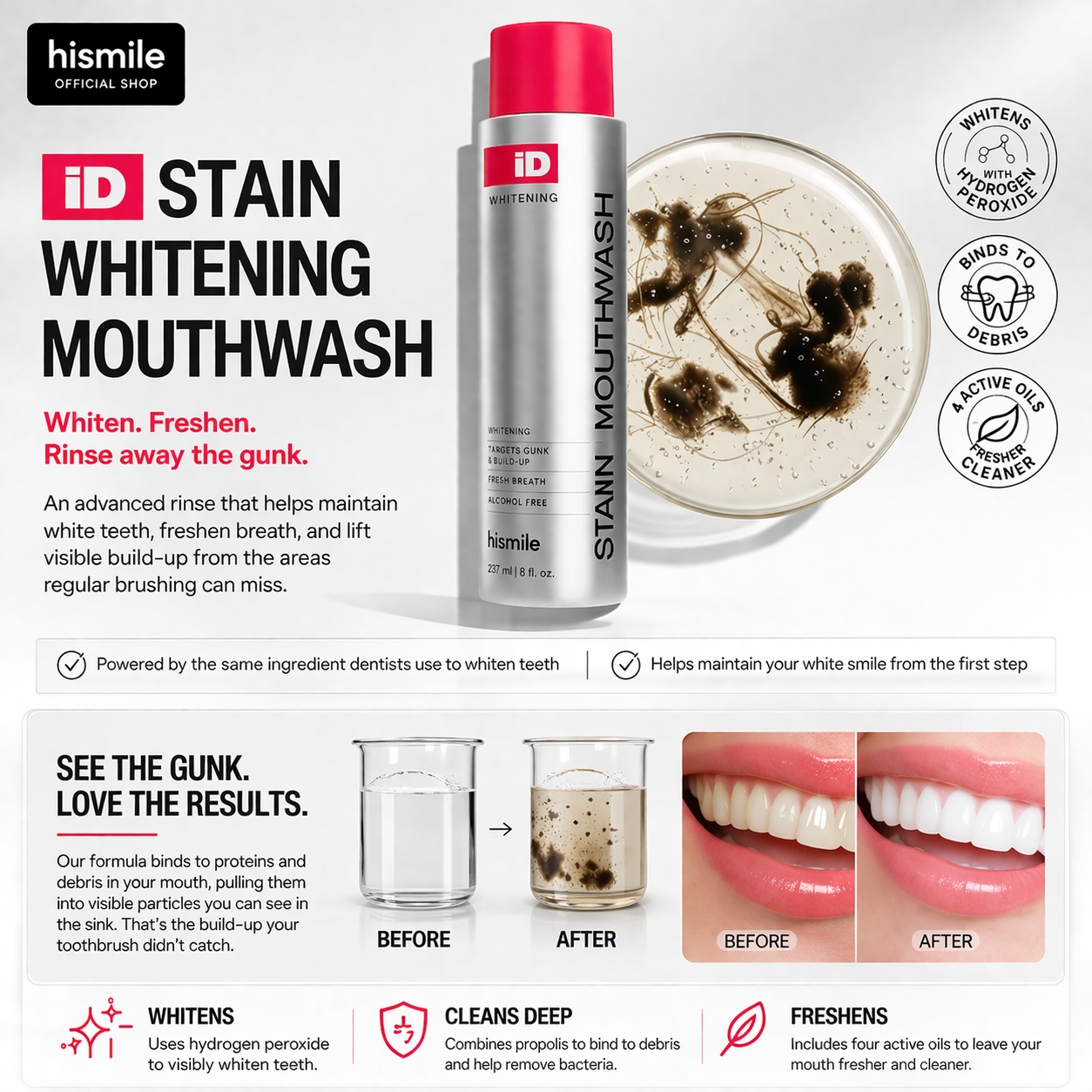 iD Stain Whitening Mouthwash for White Teeth, Freshens Breath with Essential Oils 237ml