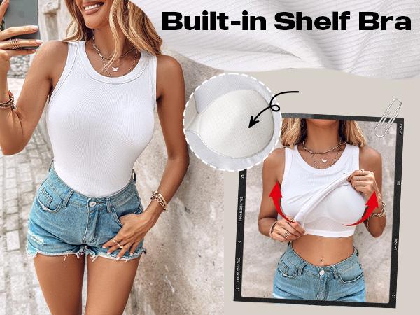 Built-in Bra Tank Top Ribbed Racerback Tops Women Going Out Tops Everyday Basic Tanks Padded Tops