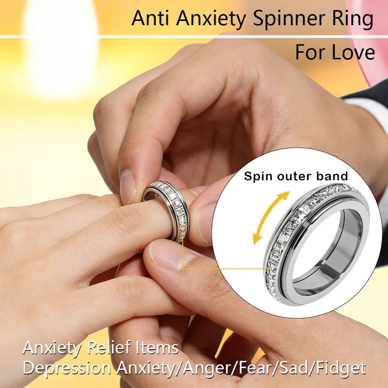 【Buy 1 Get 1 Free】Anxiety Rings for Women and Men Titanium Steel Spinner Fidget Band Rings with Cubic Zirconia for Stress Relief and Wedding Promise Comfort Fit Size 5 to 12