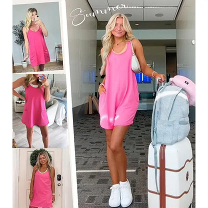 Women's Summer Sleeveless Mini Dress with Built-in Shorts V Neck Spaghetti Straps Athletic Shorts Tennis Dress with Pockets