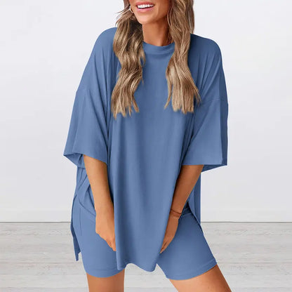 Crewneck Two-Piece Set For Women Summer Casual Oversized Split Hem Shirts & Side Pocket Biker Shorts Minimalist Lounge Wear Soft Viscose Fabric Comfy Homewear Cozy Pjs