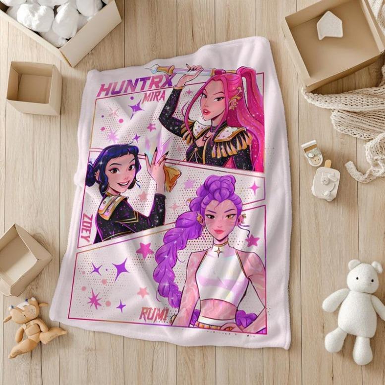 Kpop Demon Hunter Blanket, Cute Huntrix Theme Flannel Blanket, Kpop Demon Hunter Lover Gift, Mira Rumi Joey Blanket, Cozy Kpop Fangirl-XDX