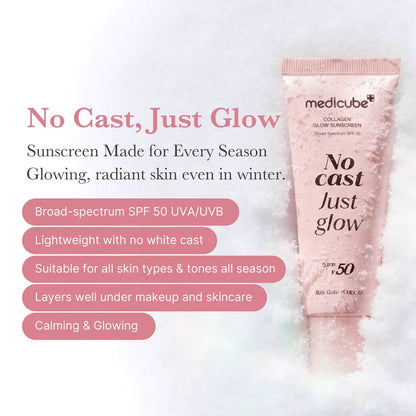 No Cast Just Glow Collagen Sunscreen | SPF 50 Broad Spectrum Face Sunscreen | Lightweight, Non-Sticky, Hydrating Formula | No White Cast or Residue | Peptide, Cica for Soothing & Natural Glow