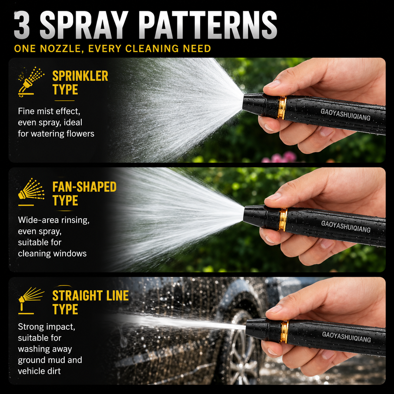 Heavy Duty Metal Garden Hose Nozzle – High Pressure Water Sprayer with 3 Spray Modes, Leakproof Hose Gun for Car Wash, Pet Bathing, Patio & Garden Watering | Summer Essentials