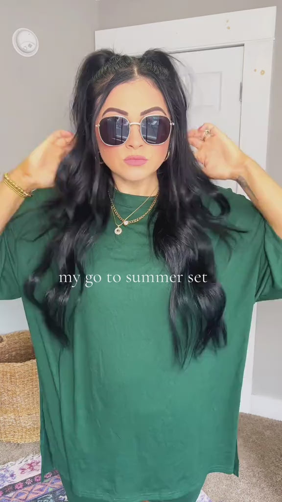 Crewneck Two-Piece Set For Women Summer Casual Oversized Split Hem Shirts & Side Pocket Biker Shorts Minimalist Lounge Wear Soft Viscose Fabric Comfy Homewear Cozy Pjs video 2