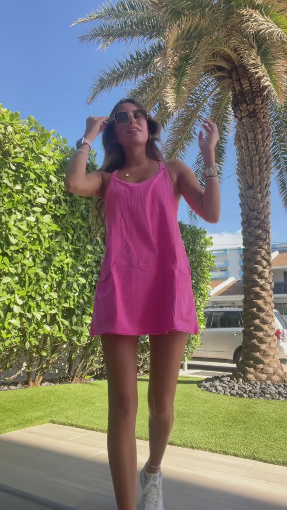Women's Summer Sleeveless Mini Dress with Built-in Shorts V Neck Spaghetti Straps Athletic Shorts Tennis Dress with Pockets video 3