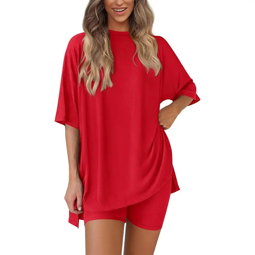Crewneck Two-Piece Set For Women Summer Casual Oversized Split Hem Shirts & Side Pocket Biker Shorts Minimalist Lounge Wear Soft Viscose Fabric Comfy Homewear Cozy Pjs