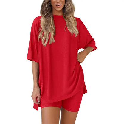 Crewneck Two-Piece Set For Women Summer Casual Oversized Split Hem Shirts & Side Pocket Biker Shorts Minimalist Lounge Wear Soft Viscose Fabric Comfy Homewear Cozy Pjs
