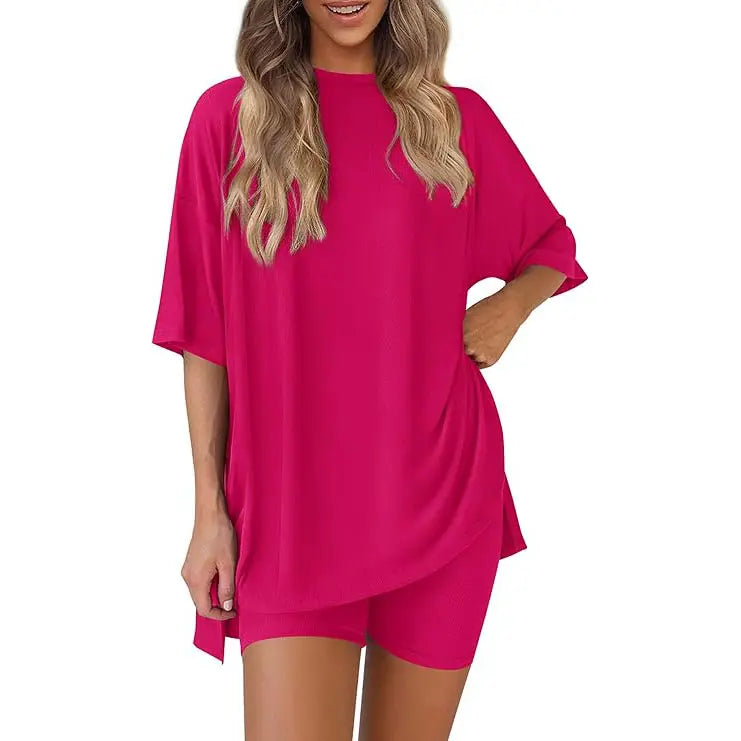 Crewneck Two-Piece Set For Women Summer Casual Oversized Split Hem Shirts & Side Pocket Biker Shorts Minimalist Lounge Wear Soft Viscose Fabric Comfy Homewear Cozy Pjs