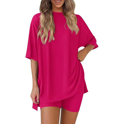 Crewneck Two-Piece Set For Women Summer Casual Oversized Split Hem Shirts & Side Pocket Biker Shorts Minimalist Lounge Wear Soft Viscose Fabric Comfy Homewear Cozy Pjs